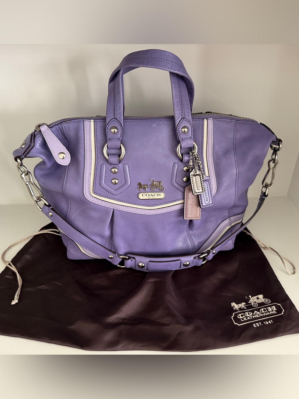 COACH Lavender Purple Leather Tote with Pale Pink Trim